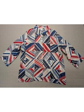 Alfred Dunner Sheer Multicolor Colorblock Button Up 3/4 Sleeve Top Size 16